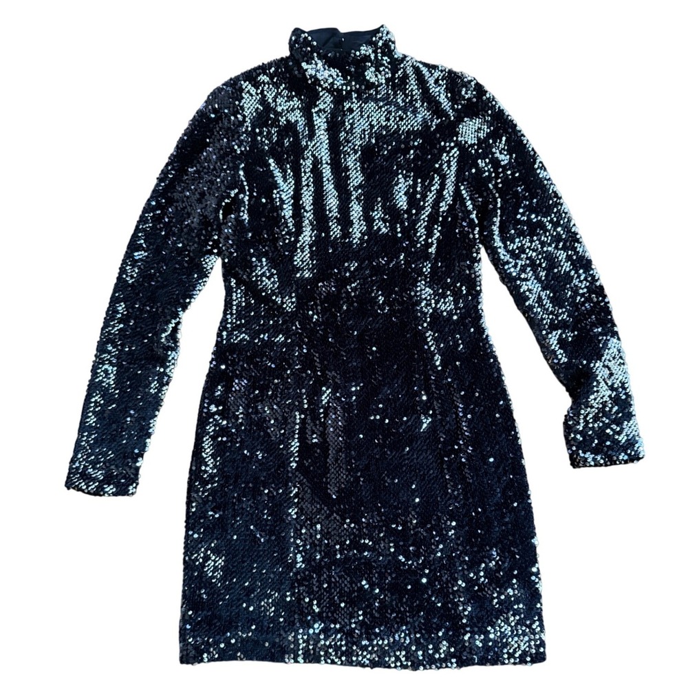 Milly Black Sequin Mock Neck Long Sleeve Mini Dress Cocktail Party Made USA